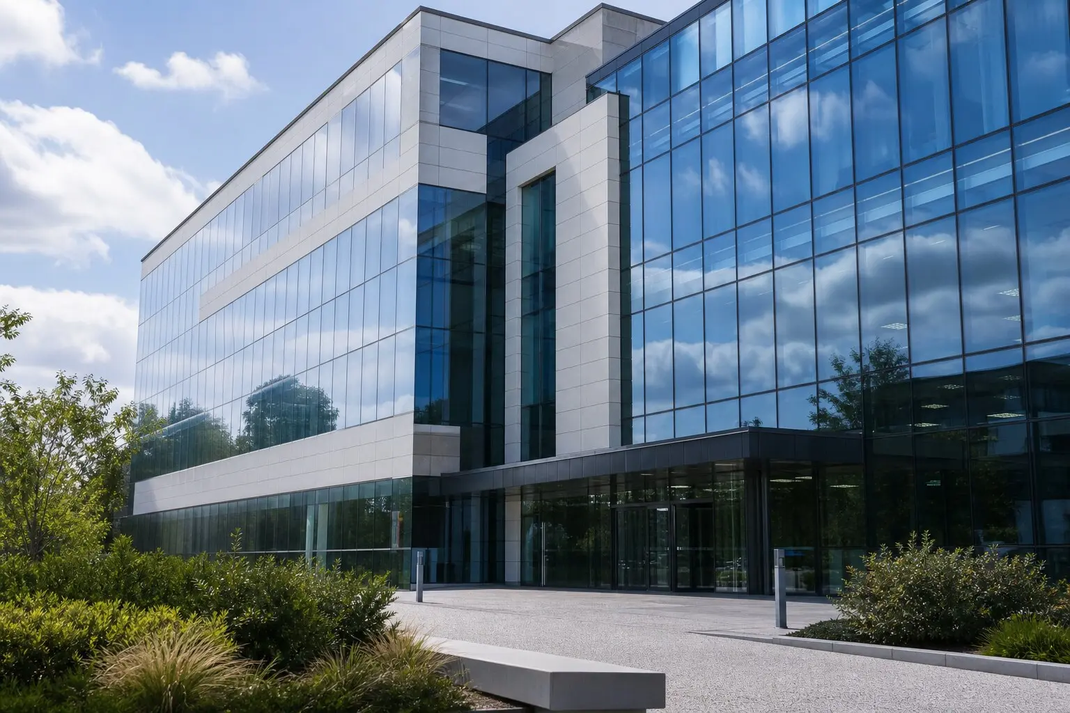 Façade vitrée de bureaux avec film solaire réduisant l'éblouissement