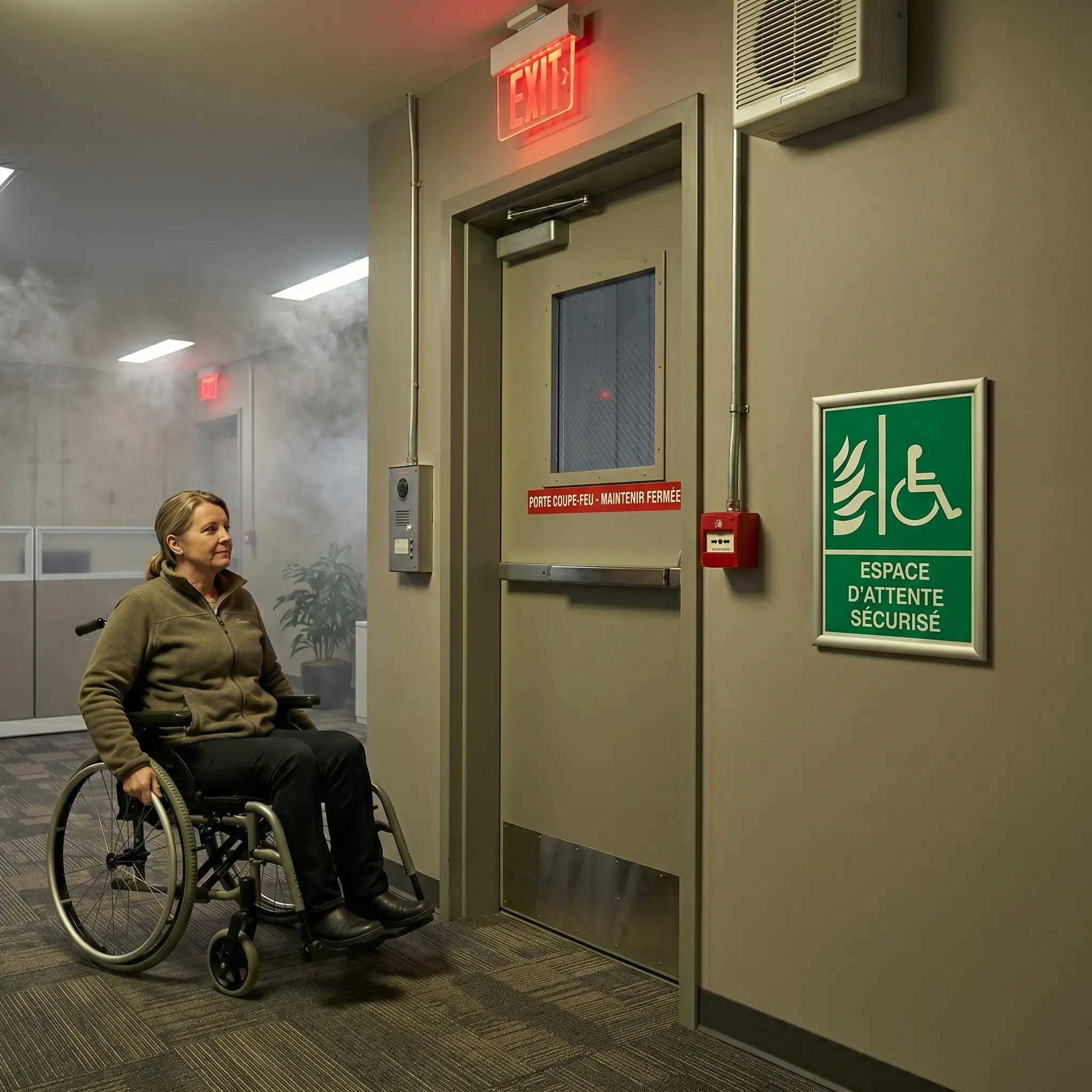 Espace d'attente sécurisé signalé conformément à la réglementation incendie