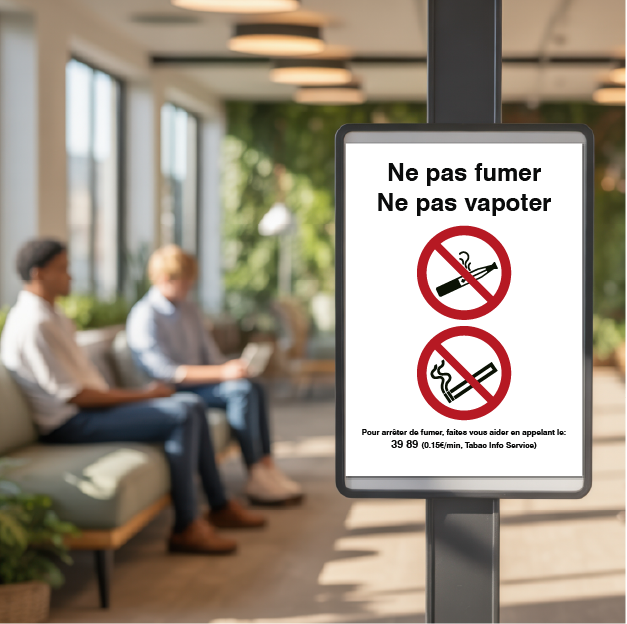 Panneau de zone anti-tabac avec signalétique ISO 7010 en couloir